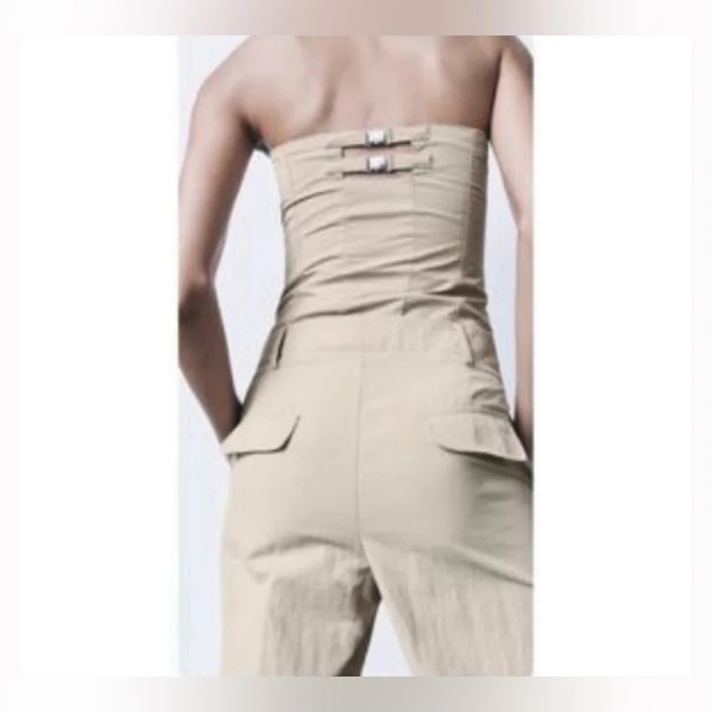 ZARA Khaki Tan Nylon Strapless Wide Leg Utility Jumpsuit NWT - Picture 2 of 11